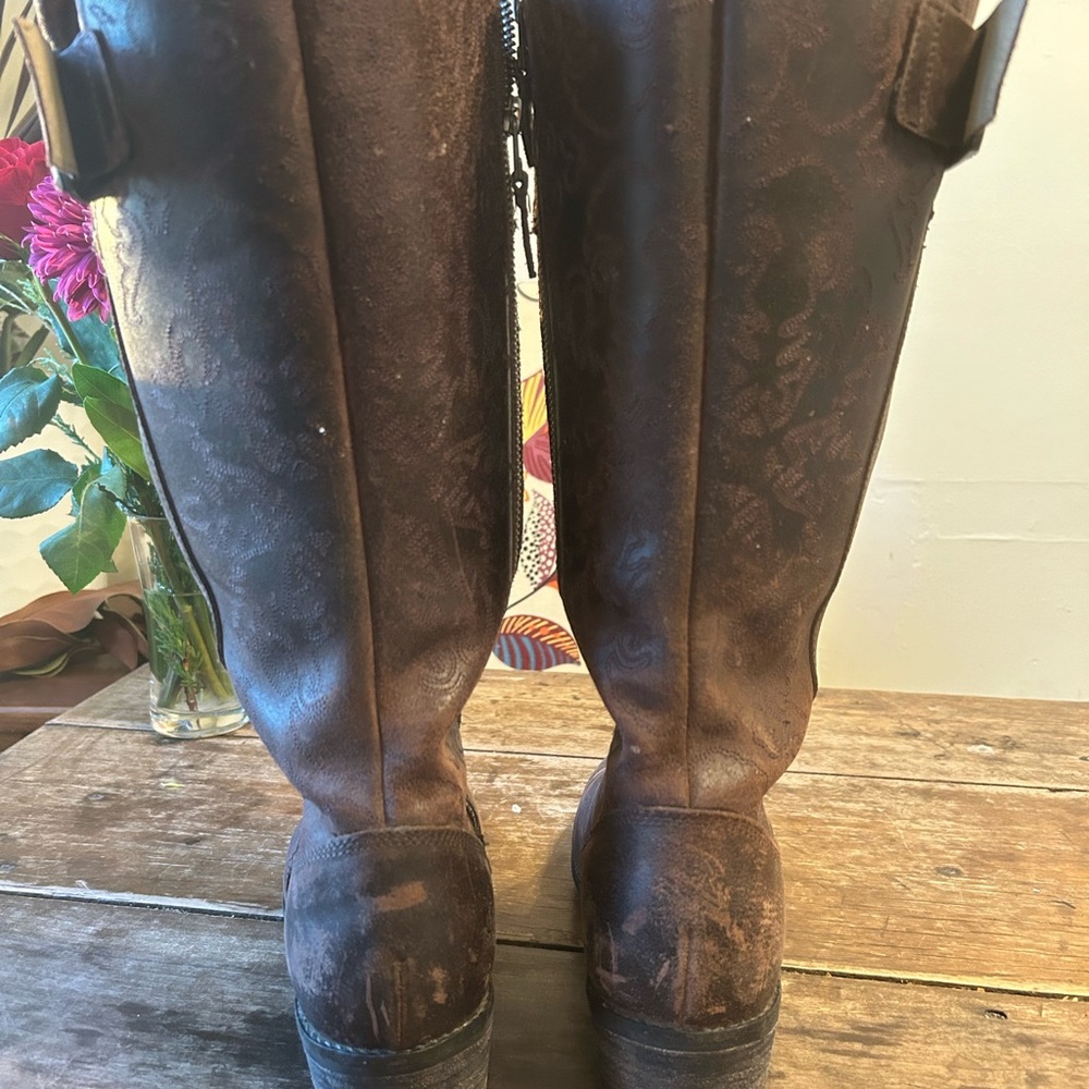 Olukai Emalani Distressed, Embroidered Leather Boots Color: French Roast - Picture 3 of 13